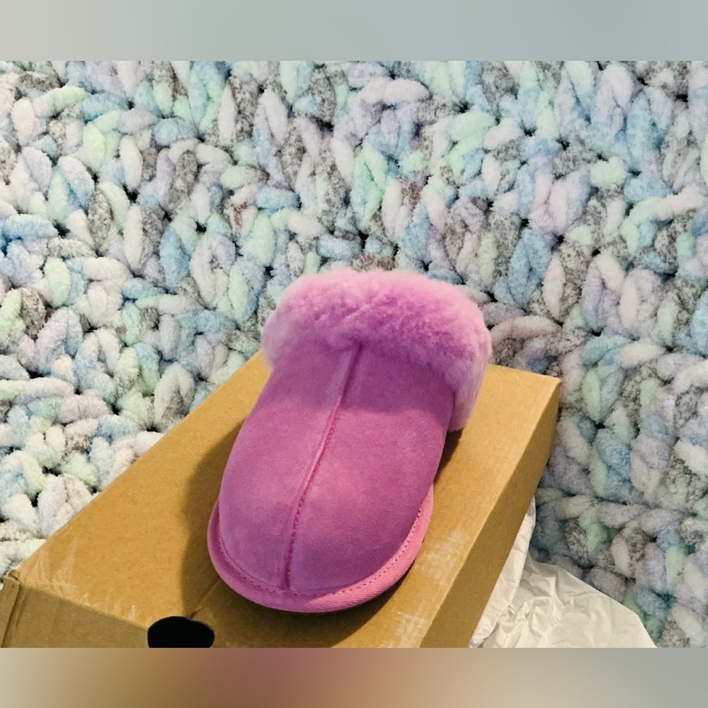 UGG Pink Suede Slippers with Fur Trim